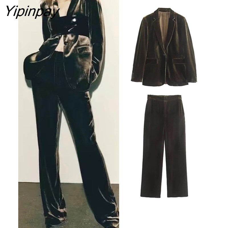Yipinpay Simple Women Autumn Velvet Blazer Jackets Pants Set 2023 Office Single Button Coat Female Oversize Clothes Outerwear