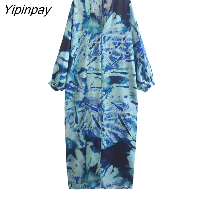 Yipinpay Women Printed Midi Dresses 2023 Spring Summer Fashion Ladies V-neck Party Mid-Calf Dresses A-line Long Sleeve Vestidos