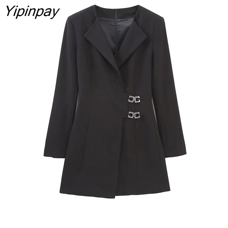 Yipinpay Elegant Women Black Blazer Dresses 2023 Autumn Fashion Office Outfits Mini Dress Turn Down Collar Long Sleeve Dress