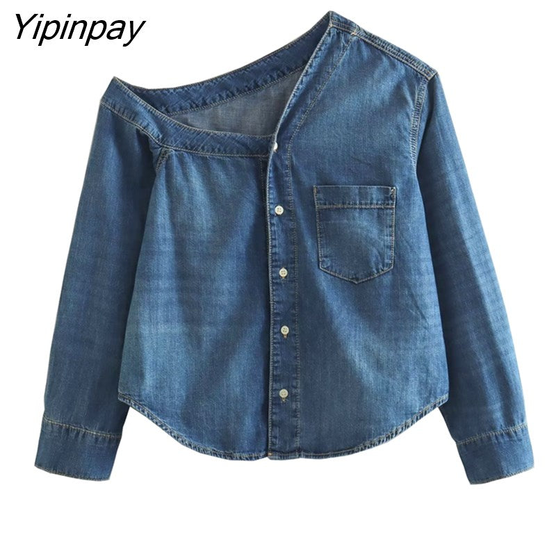 Yipinpay Fashion Asymmetrical Denim Shirt for Women 2023 Single Breasted Pockets Blouse Woman Long Sleeve Jeans Shirts Ladies
