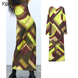Yipinpay Sexy Women Printed Mid-Calf Dresses Autumn Elegant O-neck Backless Dresses Vintage Long Sleeve Fashion Vestidos