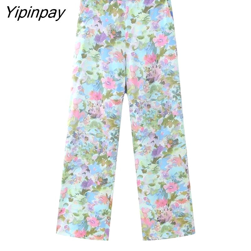 Yipinpay Women Spring Summer Thin Print Blazer Suits Sets 2023 Fashion Silk Satin Double Breasted Jacket Casual Wide Leg Pants