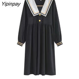 Yipinpay Spring New Women Dress Japanese Preppy style Long black dresses Sailor collar High wait female dress Sweet Girl bing