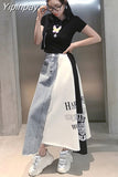 Yipinpay Spring Autumn New Fashion Skirts Women Korean Loose Letter Printing Denim Skirt High Waist Mid-length Skirt