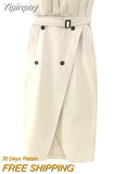 Yipinpay 2023 Paperbag Long Skirt Women Gabardine High Waist Wrap Skirt Women Fashion Slit Midi Skirts Elegant Women's Skirts