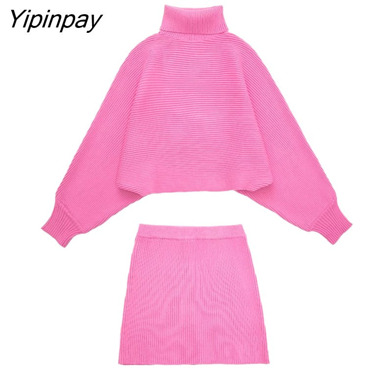 Yipinpay Elegant Pink 2 Piece Knitted Sweater Skirt Set 2023 Vintage Soft Turtleneck Batwing Sleeve Female Casual Skirt Lady Suit