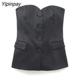 Yipinpay Ladies Solid Blazer Sets 2023 Pretty Strapless Single Breasted Tops Straight Trousers Basic Zipper Pants Causal Suits