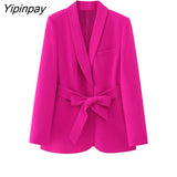 Yipinpay Women 2023 Elegant Blazer Suits Sets Fashion Long Sleeve Jacket With Belt Solid High Waisted Baggy Wide Leg Pants