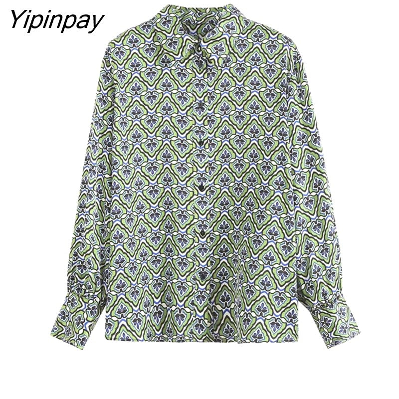 Yipinpay 2023 Women Printed Skirt Sets Spring Summer Elegant Thin Long Sleeve Tops High Waist A-Line Mini Dress Casual Outwear