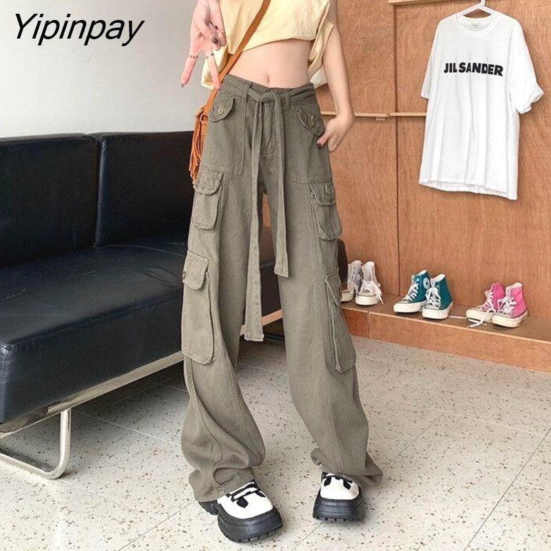 Yipinpay Vintage Multi-pocket Design Workwear Jeans Women Candy Casual Loose