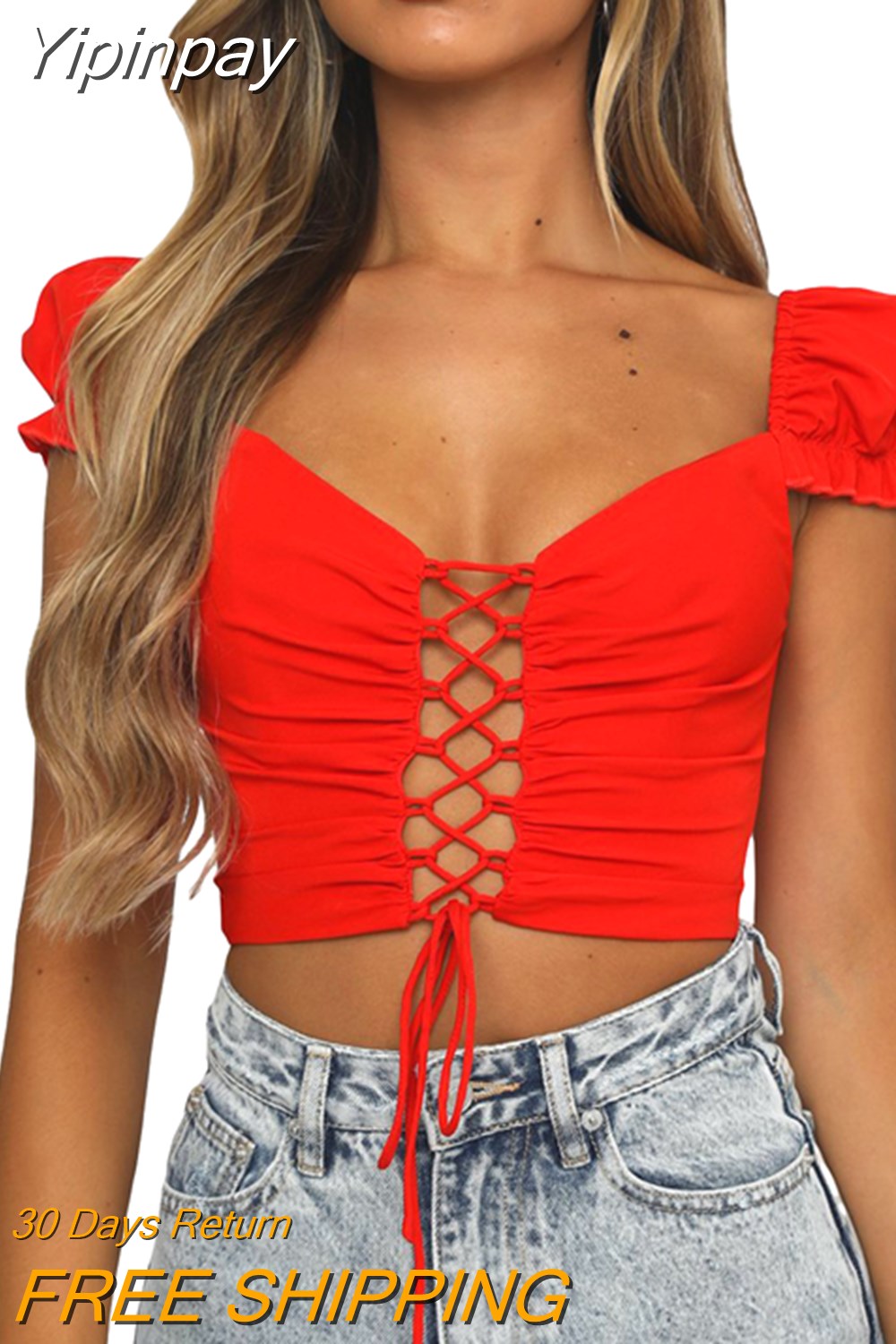 Yipinpay Women Cross Bandage Crop Tops Solid Color Hollow-Out Short Puff Sleeve T-Shirts Chic Fashion Square Collar Wrap Tube Top