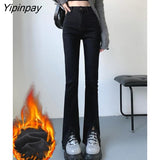 Yipinpay Split Plush Flared Jeans Women High Waist Slim Denim Pants