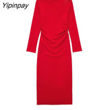 Yipinpay New Autumn Women Elegant Long Dresses 2023 Female Fashion Asymmetrical Collar Vestidos Long Sleeve Soft Pullovers