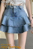 Yipinpay Vintage Denim Mini Skirt Ruffle Women Summer Korean Fashion Sexy High Waist Patchwork Jeans Skirt Casual Streetwear