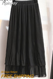 Yipinpay Vintage Pleated Skirt Women Ruffles Lining Chiffon Patchwork Black Casual Midi Skirts Long Korean Saias Mujer Faldas