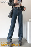 Yipinpay Winter Velvet Thickened Jeans Women's High Waist Straight Wide Leg Trousers