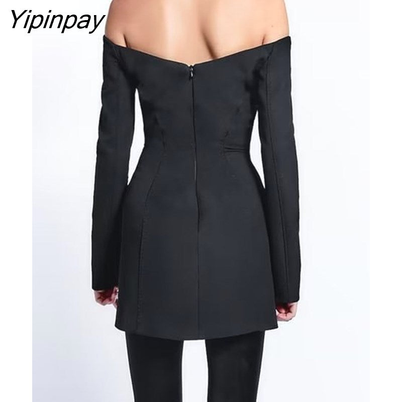 Yipinpay 2023 Autumn Ladies Sheath Mini Dresses Elegant Slash Neck Off Shoulder Party Dresses Vintage Pockets Long Sleeve Vestidos