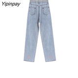Yipinpay Blue Love Embroidery Wide Leg Jeans Woman Loose High Waist Loose Casual Straight Women Jeans Pants