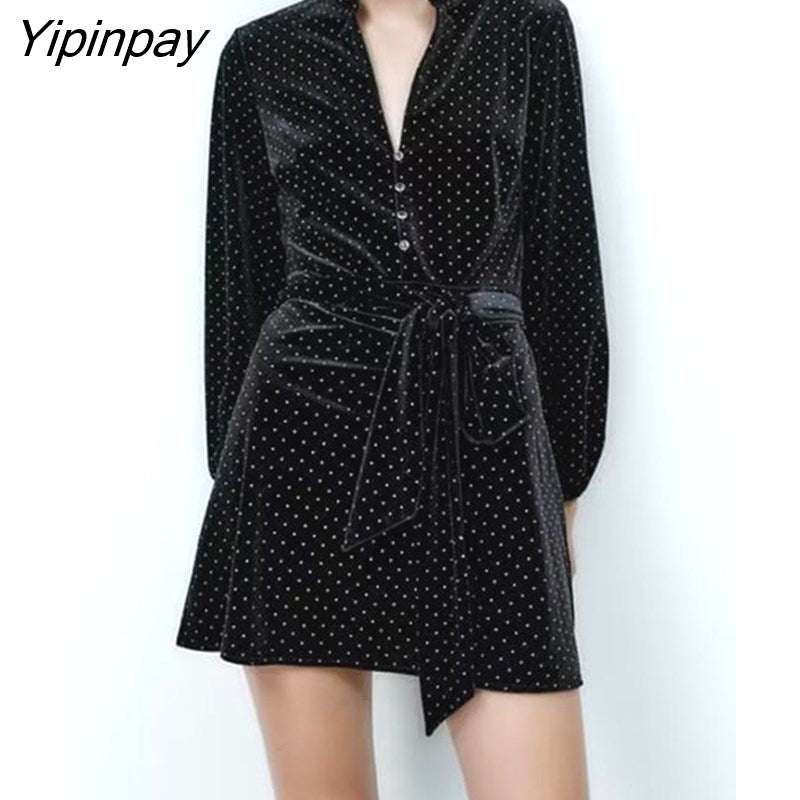 Yipinpay New Women Velvet Mini Dresses With Belt 2023 Spring Autumn Elegant Ladies Soft Dresses Long Sleeve A-line Vestidos
