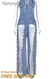 Yipinpay Tassel Hollow Out Overalls For Women Studded Diamond Strapless Backless Jeans Street Fashion Trend Jumpsuite Femme