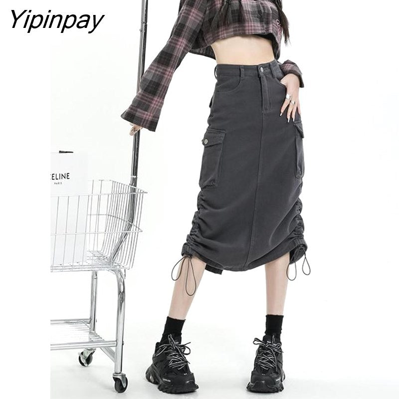 Yipinpay Pink Overalls Denim Skirt Women's High Waist Split A-line Hip Wrap Skirt
