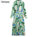 Yipinpay Elegant Summer Women Printed Mid-Calf Dresses 2023 Fashion Ladies Turn Down Collar Party Dress A-line Long Sleeve Vestidos