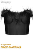 Yipinpay Women Tube Tops Solid Color Feather Furry Trim Sleeveless Off Shoulder Backless Back Zipper Slim Fit Crop Tops