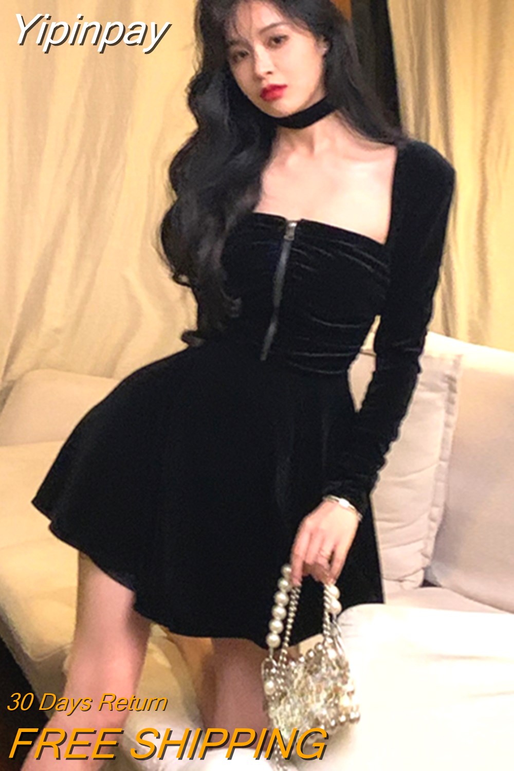 Yipinpay Vintage Velvet Midi Dress Woman Black Elegant Evening Party Dress Casual One Piece Dress Korean Fashion 2023 Autumn Slim