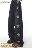 yipinpay Women Blue Jeans Stars Vintage American Fashion Streetwear Style Bottoms Wide Leg Jean Female Baggy Trouser Straight Denim Pants