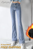 Yipinpay Thicken Velvet Warm Denim Flare Pants Stretch High Waist Casual Winter Plush Bell Bottom Jeans Woman