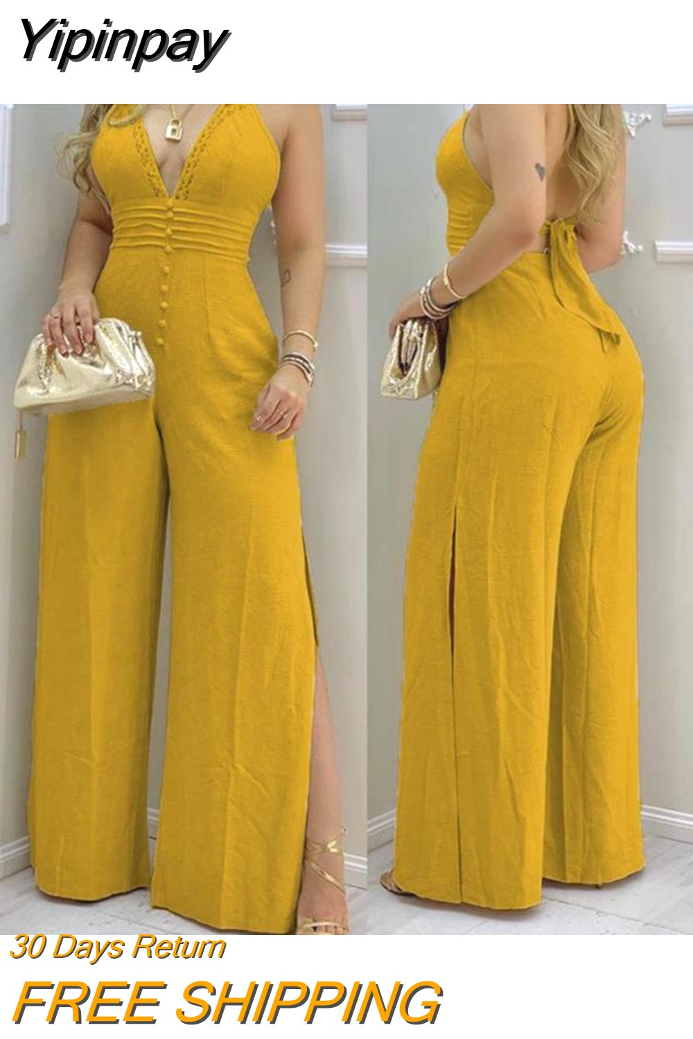 Yipinpay Trim Buttoned Backless Slit Jumpsuit Elegant Jumpsuit for Women Casual New Fashion 2023 Summer