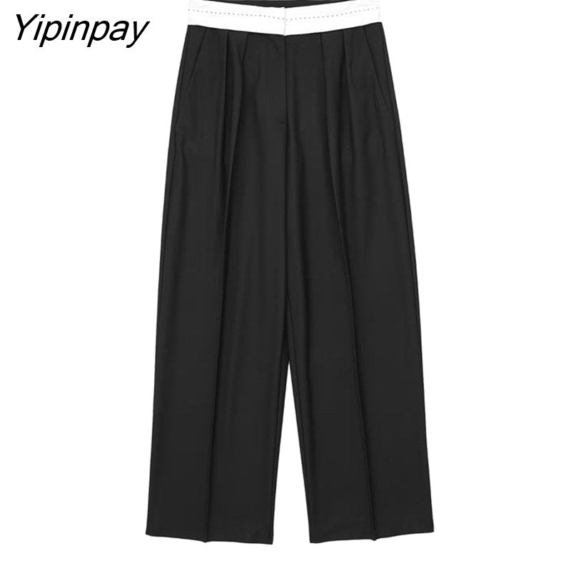 Yipinpay Women Fashion Spring Blazer Vest Pants Sets 2023 Casual Short Single Breasted Top Elastic Waist Zipper Pants Outwear