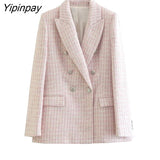 Yipinpay Spring Autumn Women Jacket Coat 2023 Fashion Double Breasted Tweed OL Blazer Vintage Long Sleeve Female Outerwear Chic Top