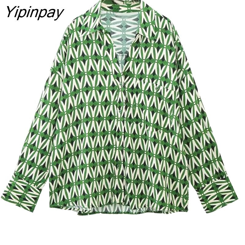 Yipinpay Summer Women Geometric Print Blouses 2023 Fashion Causal Turn Down Collar Shirts Thin Single Breasted Long Sleeve T-Shirts