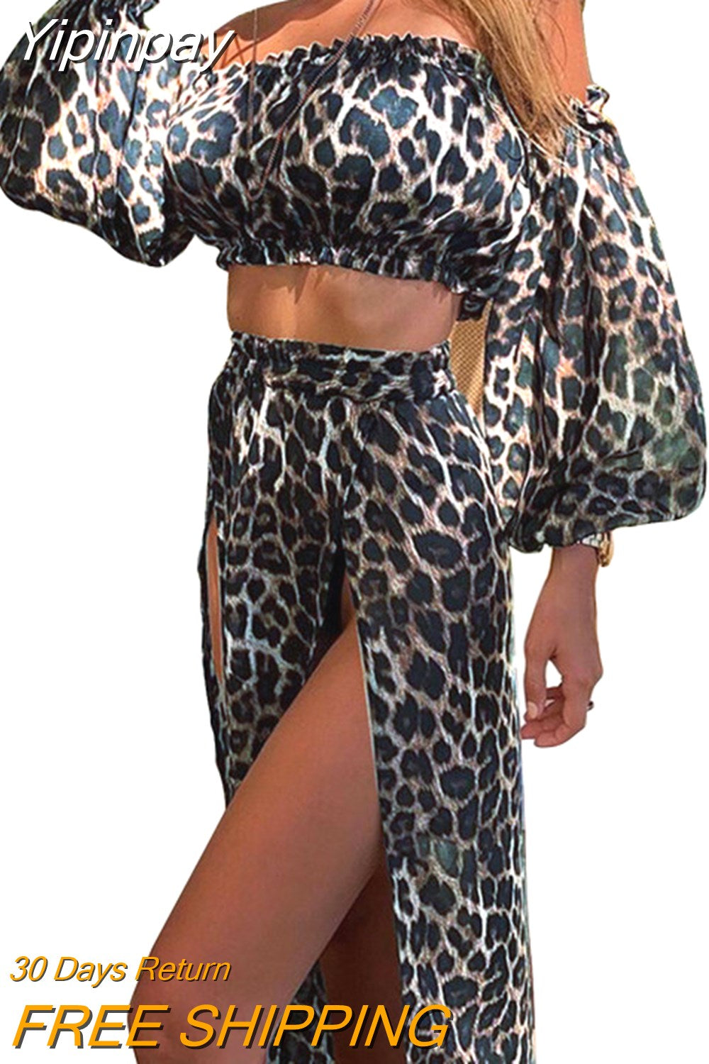 Yipinpay Sexy Skirt Sets Summer Fall Vacation Women Temperament Leopard Strapless Puff Sleeve Crop Top Split Skirt Women's Suits