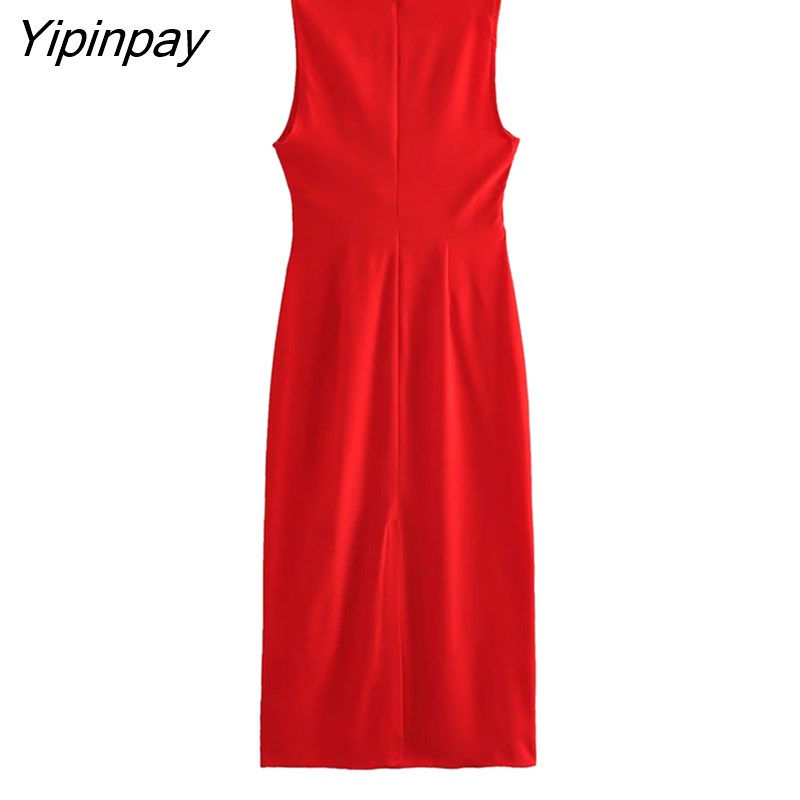 Yipinpay Elegant Women Solid Folds Mid-Calf Dresses 2023 Summer Fashion O-neck Sleeveless Dress Back Zipper Straght Vestidos