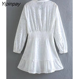 Yipinpay 2023 Summer Women Embroidery Dresses Fashion Hollow Out Long Sleeve V-neck Dresses Single Breasted Fashion A-line Vestidos