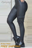 Yipinpay Women Casual High waist Zipper PU leather Pocket Skinny Pencil Pants