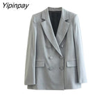 Yipinpay 2023 Spring Autumn Ladies Gray Blazer Suit Office Outfits Solid Double Breasted Jacket+Zipper Split Basic Long Pant Outwear