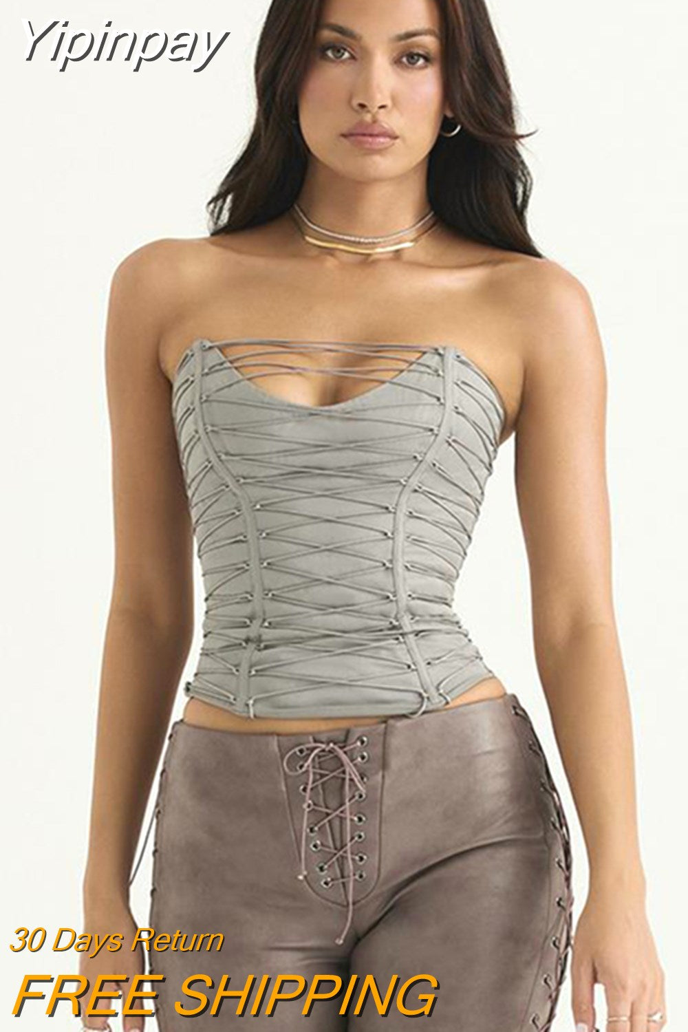 Yipinpay Fashion Going Out Street Wear Vest for Women Sexy Tube Tops Elegant Club Party Outfits Lace Up Grey Cropped Tops