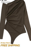 Yipinpay Brown Mesh Bodysuit Women Long Sleeve Body Woman Tulle See Through Bodysuit Lingerie Sexy Off Shoulder Asymmetrical Top