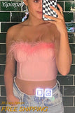 Yipinpay Women Tube Tops Solid Color Feather Furry Trim Sleeveless Off Shoulder Backless Back Zipper Slim Fit Crop Tops