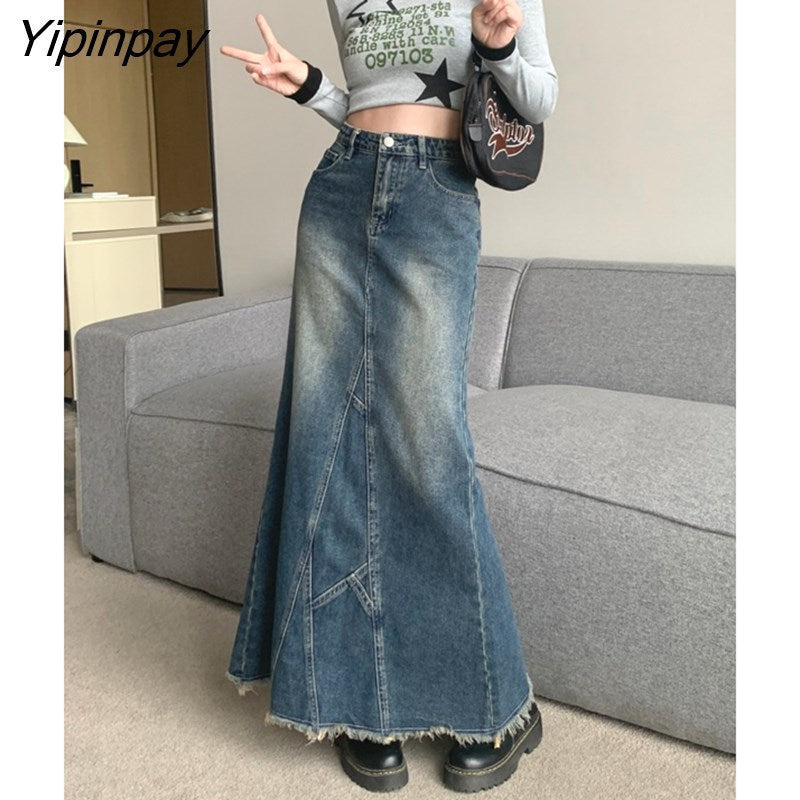 Yipinpay Vintage Blue High Waist Denim Split Skirt Women's Long Fishtail Skirt