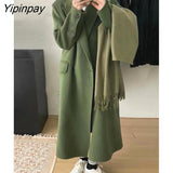 Yipinpay Women's Winter Elegant Thick Woolen Coats Women 2023 Street Temperament Loose Long Overcoat Warm Vintage Green Outwear