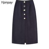 Yipinpay 2023 Women Solid Straight Skirts Spring Autumn High Waist Front Split Single Breasted Skirt Female Zipper Midi A-line Skirt