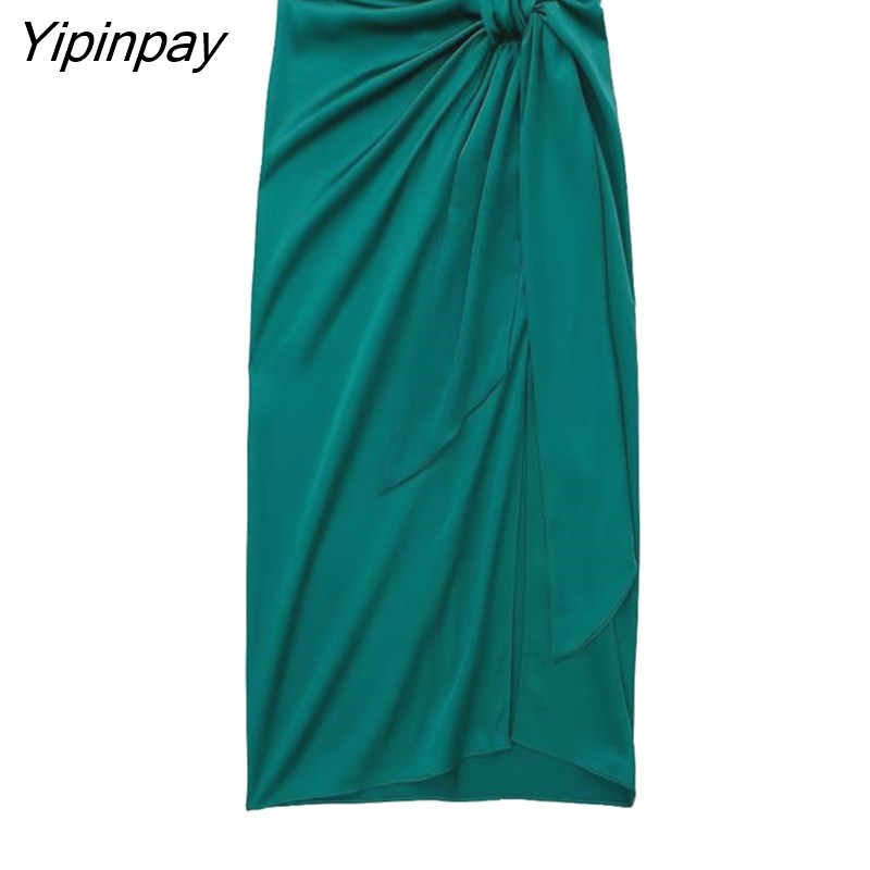 Yipinpay Women Elegant Shirt Sets 2023 Summer Fashion Long Sleeved Blouse+Elastic Bow Mid-Calf Skirts Casual Street Outwear