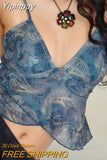 Yipinpay Mesh V Neck Women Camis Ruffled Sexy Backless Crop Tops Blue Burgundy See Through Summer Sleeveless Top Y2K