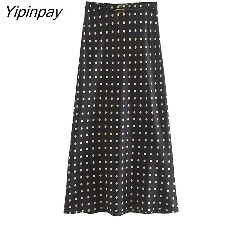 Yipinpay 2023 Women Fashion Dot Straight Skirt With Belt Spring Autumn Causal High Waist Vintage Skirt A-line Streetwear