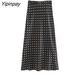 Yipinpay 2023 Women Fashion Dot Straight Skirt With Belt Spring Autumn Causal High Waist Vintage Skirt A-line Streetwear