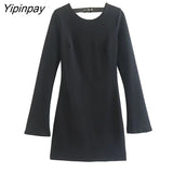 Yipinpay Spring Autumn Backless Mini Dresses 2023 Women Long Sleeve O-neck Solid Party Dress Elegant Chic Tops Outerwear